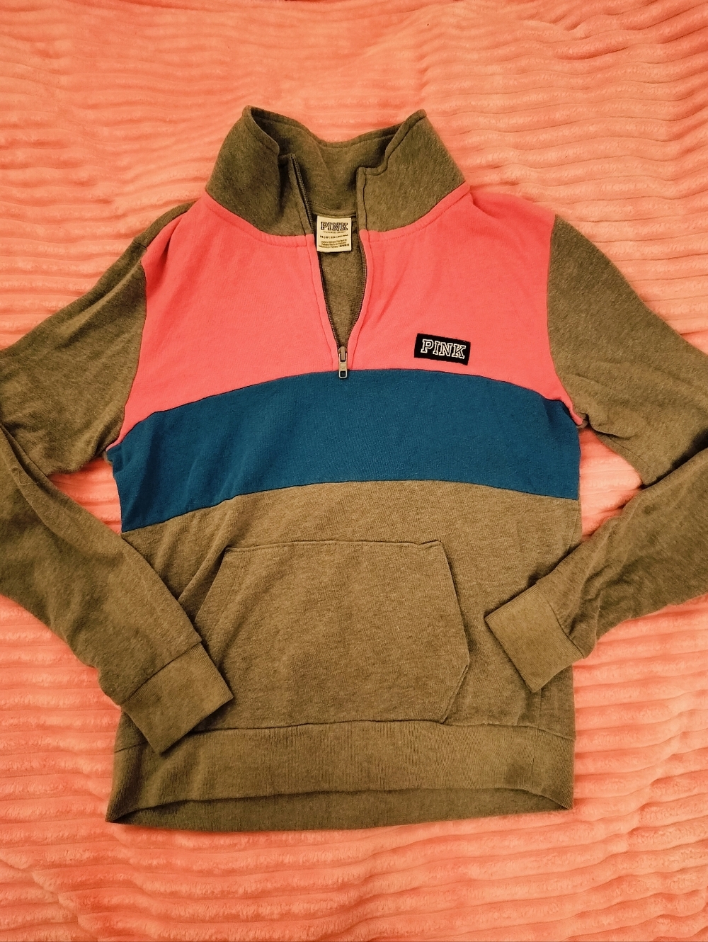 Rare Vtg Victoria's Secret PINK Colorblock 1/4-Zip Y2K Pullover Pink, Blue, Gray